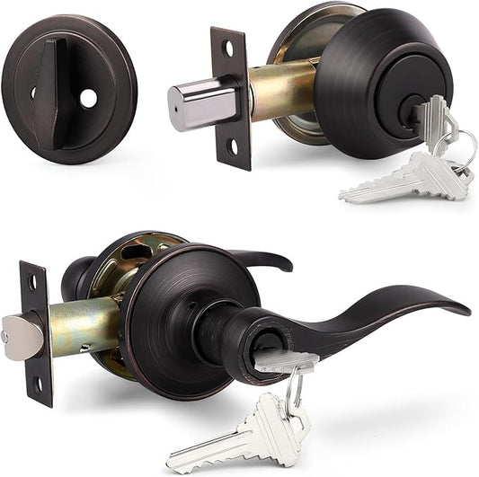 Probrico Oil Rubbed Bronze Exterior Entry Lever and Single Cylinder Deadbolt Combo Pack, Keyed Alike Lockset Handleset for Front Door Entry Lock Set,Drop Shape