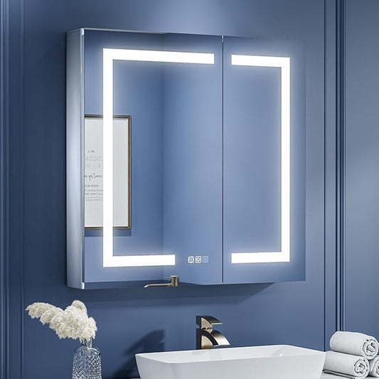 ExBrite LED Lighted Bathroom Medicine Cabinet with Mirror, 30 x 30 Inch, Recessed or Surface Mount, Anti-Fog, Stepless Dimming, Color Temperature Change, Built-in 6000K Sensor Light, Storage Shelves