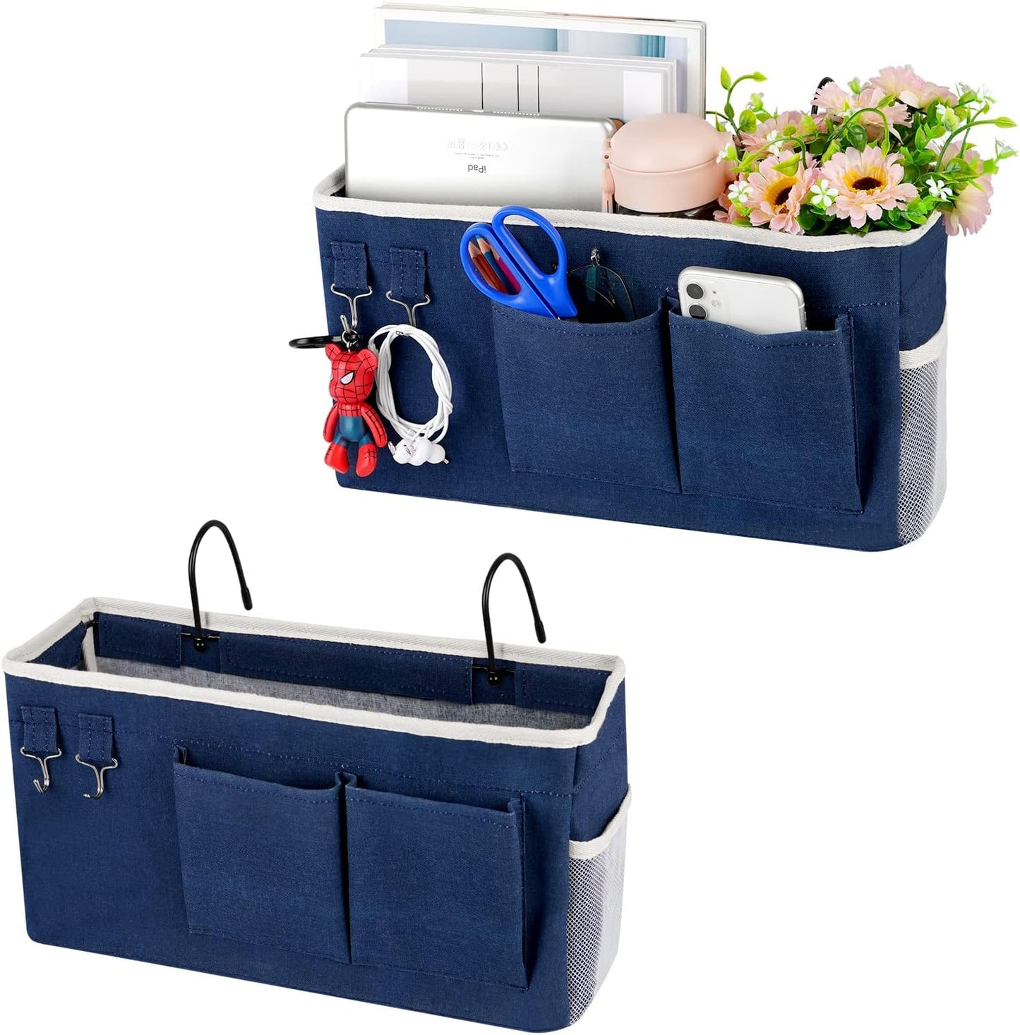 Bedside Storage Caddy/Bedside Hanging Storage Bag for Headboards Bunk Beds Dorm Rooms Book Phone Magazine Holder (2PC Navy Blue)