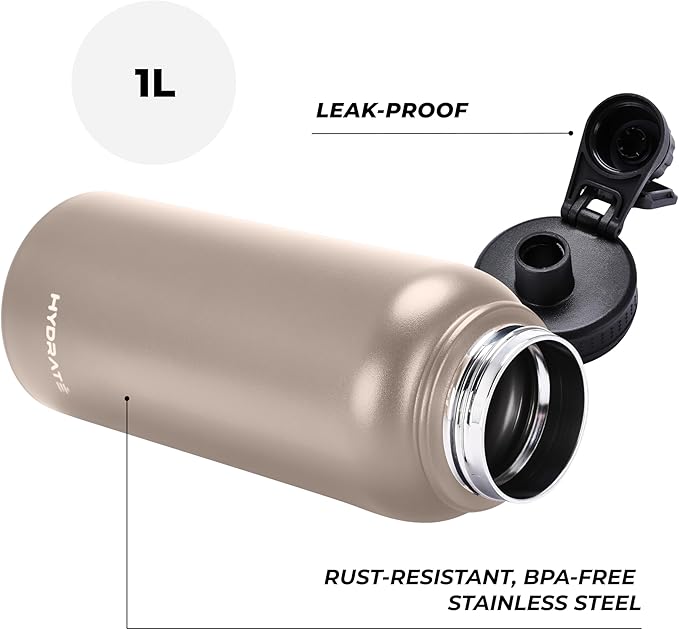 HYDRATE Insulated Stainless Steel Water Bottle - Large Reusable Flask with Leak-Proof Design and Convenient Handle - Double Vacuum Insulation for School, Work, or Adventure