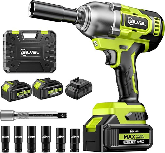 SILVEL Cordless Impact Wrench, MAX 650N.M Brushless Impact Gun 1/2 inch, 2 * 4.0Ah Battery, 6 Sockets, 3300RPM Impact Driver wih Fast Charger