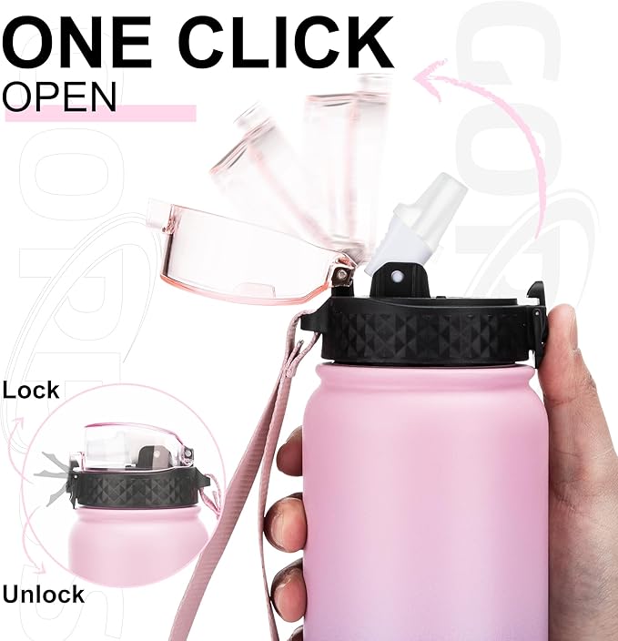 GOPPUS 32 oz Sports Water Bottle 1 Liter Double Wall Insulated Stainless Steel Water Bottles with Straw Lid Reusable Leak proof Metal water bottles with Strap Handle(Pink Purple 1 lid)