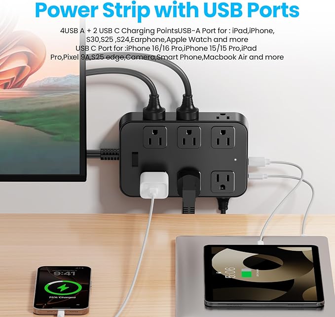 Flat Plug Power Strip Surge Protector with 12 AC Outlets 6 USB Ports 3 Side Multi Plug Outlet Extender 15 Ft Extension Cord for Home Office Kitchen Dorm Wall Desk Charging Station ETL Listed