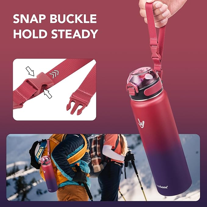 Enerbone Insulated Water Bottle, 32 oz Stainless Steel Water Bottles with Carrying Strap, Double-Wall Vacuum Insulation Thermos, Leakproof Sports Bottle with Straw, Keep Drinks Hot or Cold for Hours