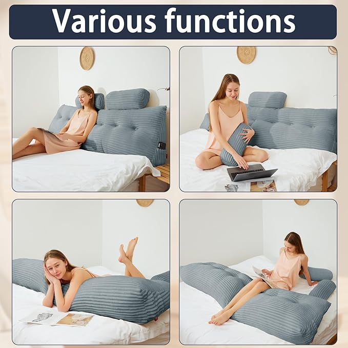 Headboard Wedge Pillow with 2 Pack Neck Roll Pillow Large Headboard Pillow Soft and Supportive with Removable Cover (Light Grey, Queen:59x8x20 Inches)