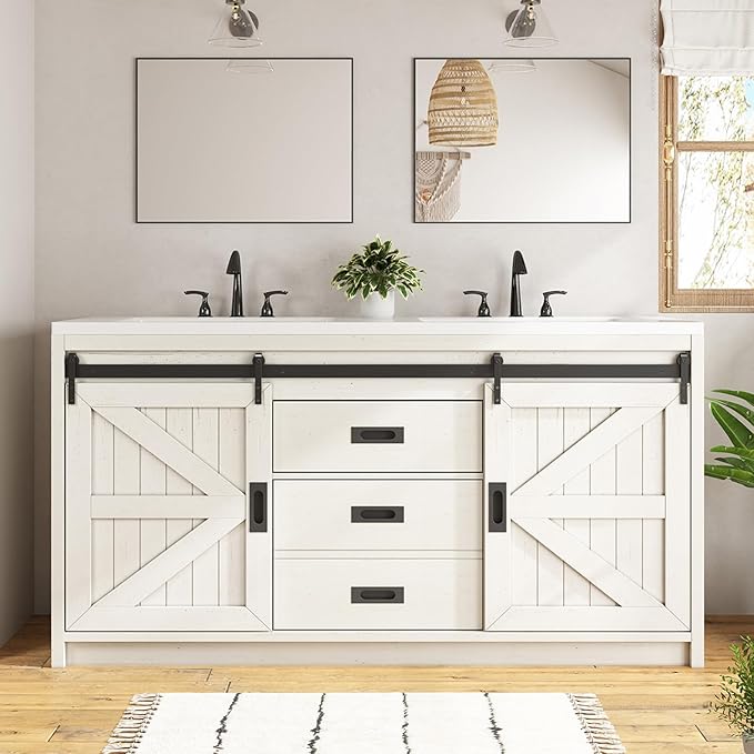 60" Farmhouse Sliding Barn Door Double Vanity with Sink Combo, Freestanding Bathroom Vanity Cabinet with Drawers & Metal Handles, Distressed White