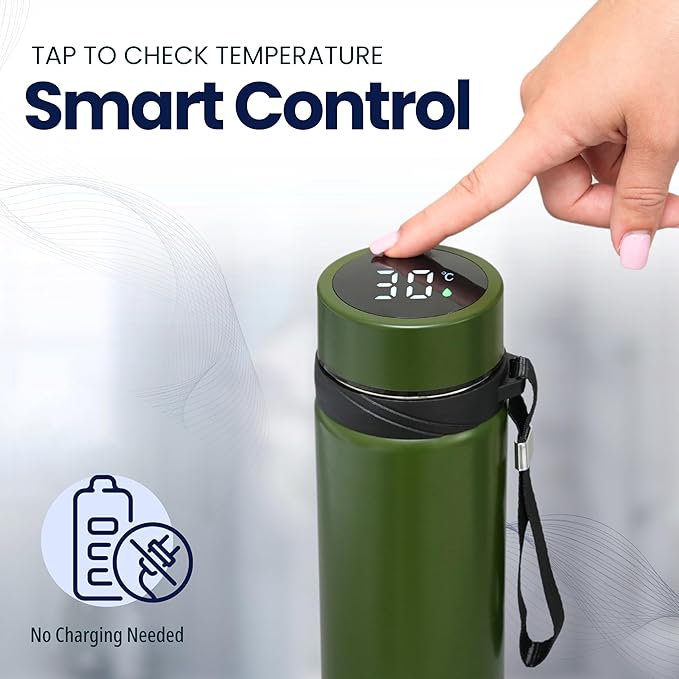 Stainless Steel Thermal Bottle, 600 mL, Digital Temperature Display, 4 Colors (Green)