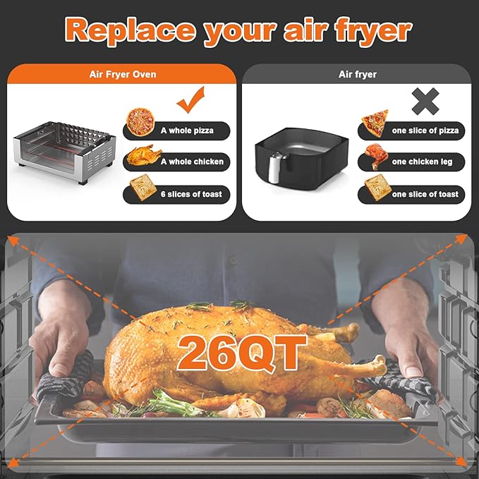 Geek Chef Air Fryer Oven 26 QT, Big Air Fryer, Toast Oven with Bake, Roast, Pizza, Convection Oven, Easy to Use & Clean, 6 Slice Toast, Stainless Steel