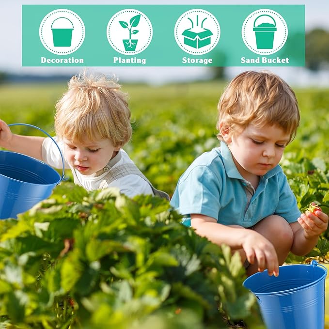 Rtteri 24 Pcs Metal Bucket, Small Metal Bucket, Party Favor Buckets with Handle, 6 x 5 Inch Ice Bucket for Kids, Flower Pot Plant Basket, Mini Toy Containers for Crafts Candy (Dark Blue)