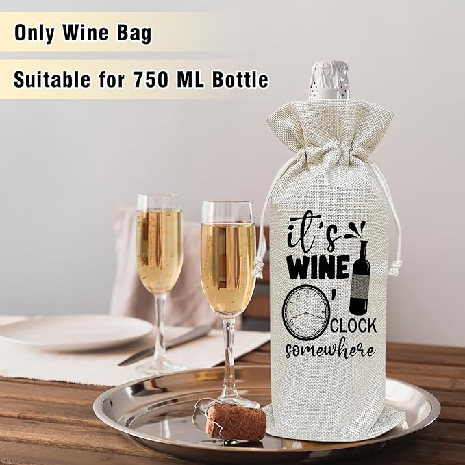 It's Wine O'clock - Wine Canvas Bag, Funny Wine Gift Bag, Birthday Gifts for Women Friend Wine Lover Gifts, Wine Bags for Wine Bottles Gifts, Wine Gifts With Drawstring Holiday Party Decoration -WB28