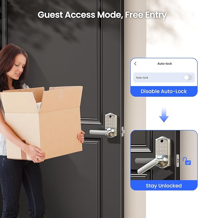 Veise VE019 Fingerprint Smart Lever Lock - APP Control, Keypad Door Lock with Handle, Keyless Entry for Front Door and Bedroom, Electronic Digital Knob, Remote Grant, IP55 Weatherproof, Satin Nickel