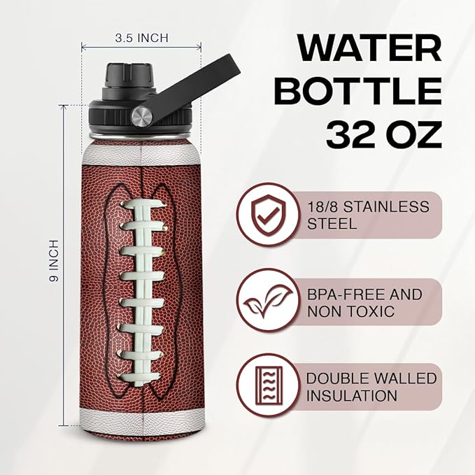 SANDJEST Football Water Bottle 32oz Stainless Steel Insulated Bottles for Men Boys Sports Lovers Fan Players Coach - Softball Gifts for Birthday Christmas
