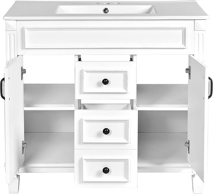 Merax 36” Bathroom Vanity with Sink, Freestanding Single Bathroom Sink Vanity Cabinet Set with 36” Countertop & Integrated Sink, 2 Doors & 2 Drawers (Sink Cabinet Only, White)