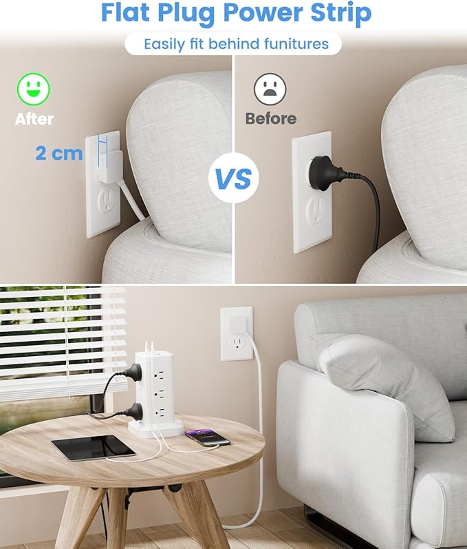 15-in-1 Power Strip Tower with Surge Protector 1800J, Fast Charging Tower PD20W USB-C Ports with 12 AC Outlets, 10ft Extension Cord for Home Office Dorm Room, White