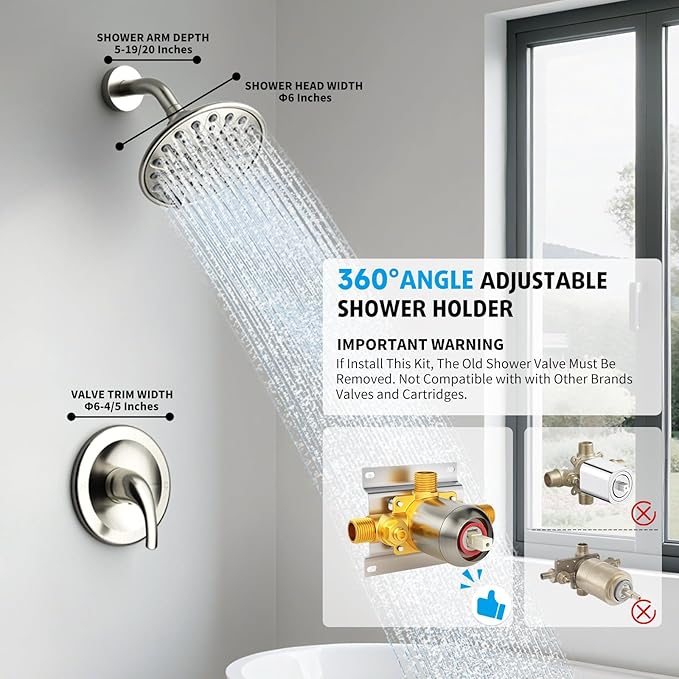 Brushed Nickel Shower Faucet Set, EMBATHER Shower Fixtures with 6 Inch Rainfall Shower Head, Single Handle Control Shower Valve and Trim Kit