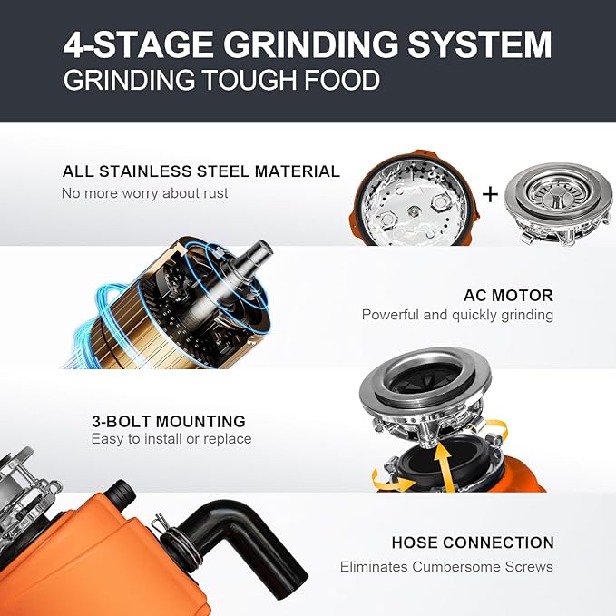 Garbage Disposal 1 HP Ultra Quiet Anti-Jam Grinding System Continuous Feed Food Waste Disposer with Power Cord Easy install, AC Motor Stainless Steel Grind 1 Horsepower (MAX-6)