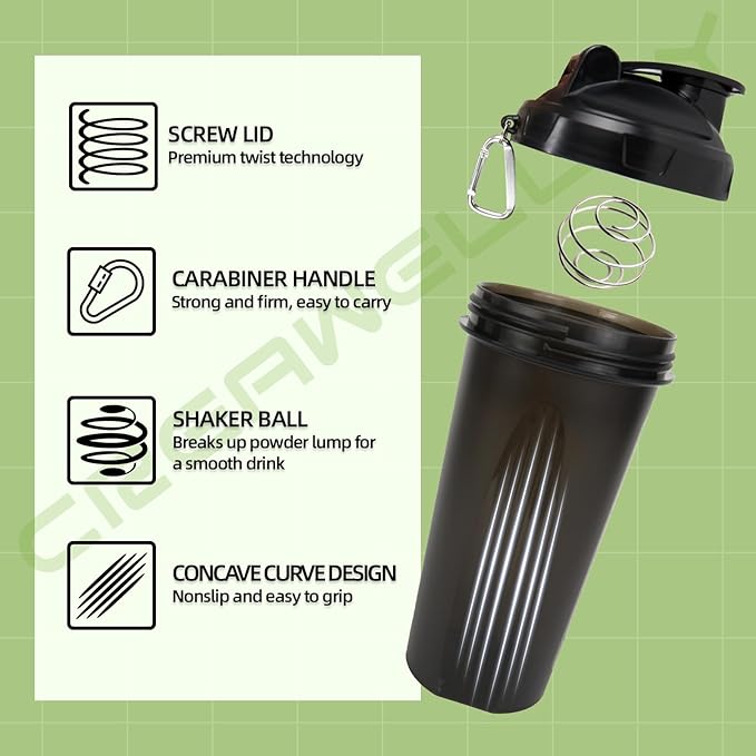 3 Pack Protein Shaker Bottle, 24 oz Protein Shaker Cup with Wire Shaker Ball for Pre Workout, Shake Bottle with Carrying Handle, BPA-Free & Dishwasher Safe (Black, Pink, Blue)