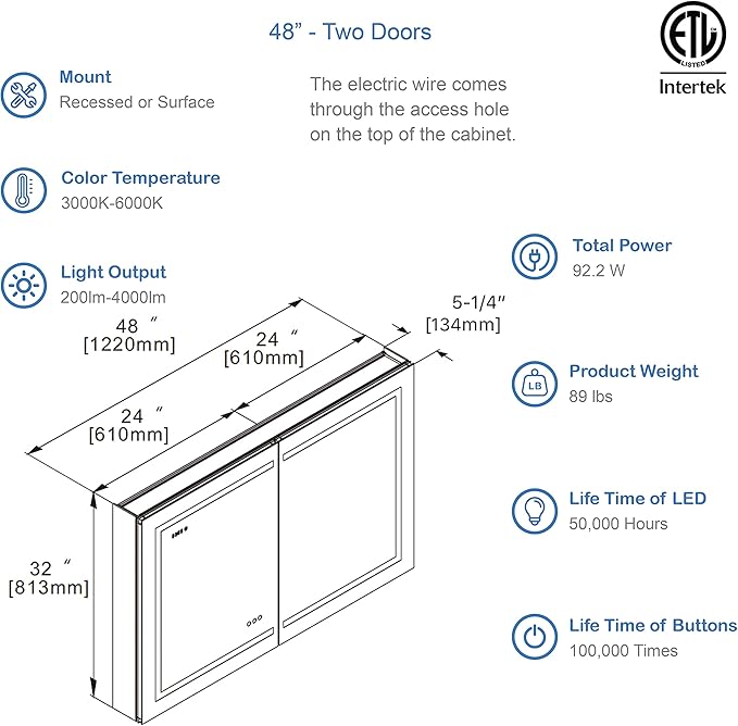 Blossom LED Mirror Medicine Cabinet with Lights, 48x32 Inch | Lighted Bathroom Mirror Medicine Cabinet with Defogger | Recessed or Surface 3X Makeup Mirror, 3 Color Dimmer, Outlets & USB | A2(M)-48