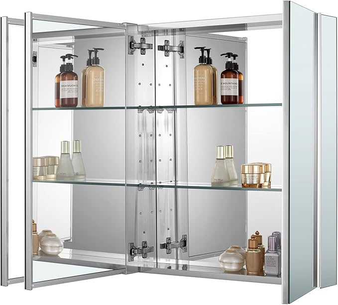 Sunrosa Aluminum Bathroom Medicine Cabinet with Mirror, 36"27.5", Wall-mountable and Recessed-in, 3-door Cabinet Organizer