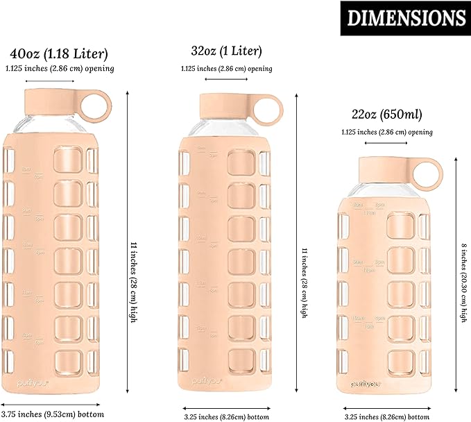 purifyou Premium Glass Water Bottles, 40/32/ 22/12 oz Reusable Drinking Bottle with Time & Volume Markings Silicone Sleeve & Stainless Steel Lid for Water, Coffee, & Fruit Juice (40oz Hazelnut)