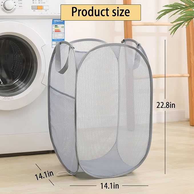 Collapsible Mesh Laundry Basket，Pop Up Laundry Hamper-Easy Storage, Ideal for Home and Travel Use (2 light gray)