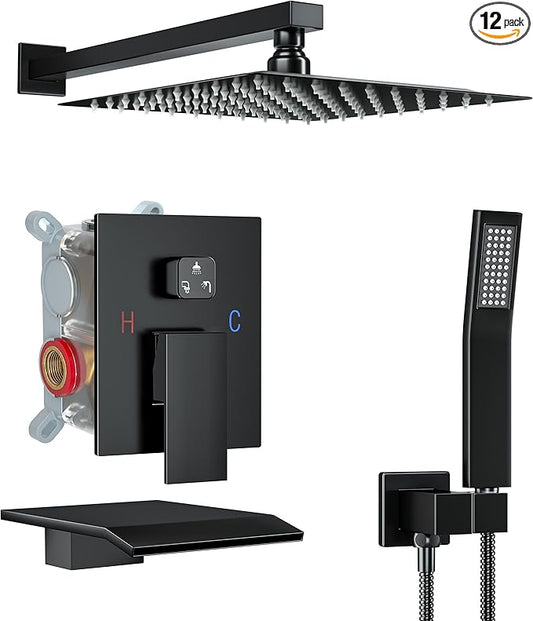 10 Inch Shower Faucet Set with Tub Spout Wall Mounted Shower System for Bathroom with High Pressure 10 Inch Rain Shower head and Handheld Shower Head Set, Matte Black