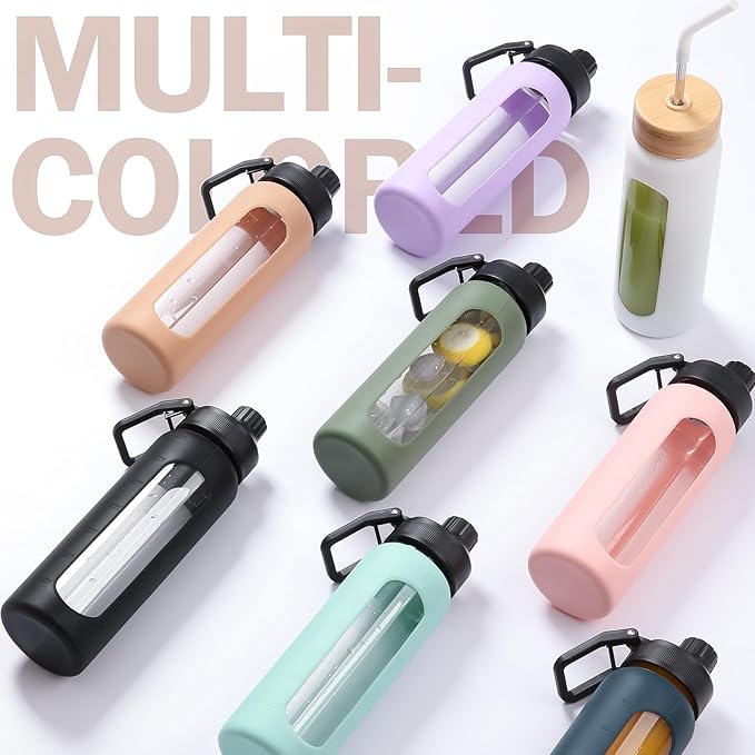 Glass Water Bottles with Straw -32oz- Water Bottle Phone Holder for Gym Large Motivational Water Bottle with Time Marker Glass Drinking Bottles 2 Lids - Spout & Bamboo Straw Lid(Olive)