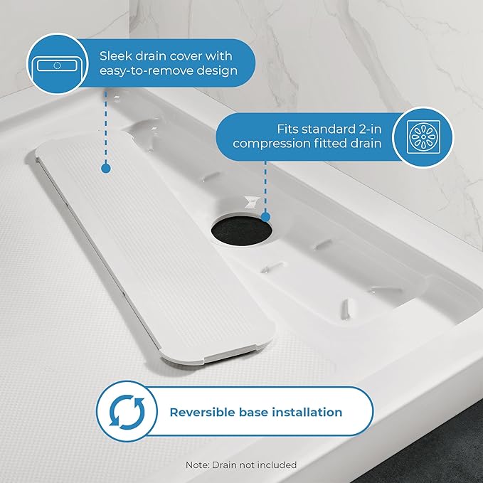OVE Decors 60-in W x 34-in D Shower Base Pan Rectangle, Hidden Side Drain, White Acrylic, Reversible Design