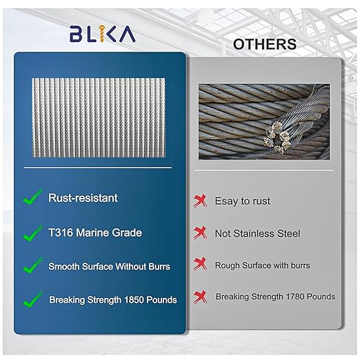 BLIKA 500FT 1/8" Stainless Steel Cable with Cutter, T316 Marine Grade, Stainless Steel Wire Rope 7x7 Strand Construction, 1850lbs Breaking Strength Aircraft Cable for Deck Cable Railing, Silver