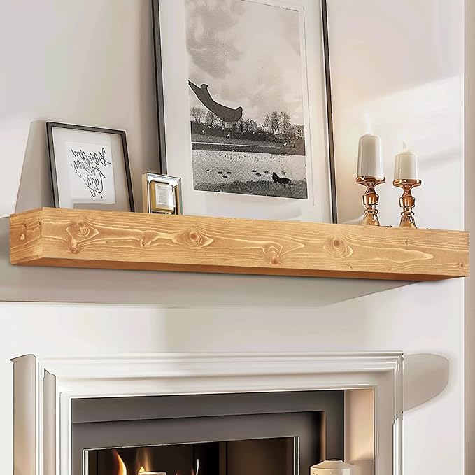 60x8x5 Fireplace Mantel - Handcrafted Rustic Solid Wood Wall Mounted Floating Shelf with Invisible Heavy Duty Wood Bracket (Natural)