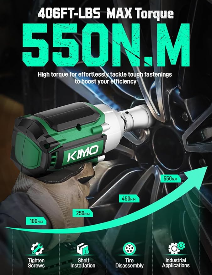 KIMO Cordless Impact Wrench, 550N.m/406ft-lbs, 7Sockets,3Inch Extension Bar, High Torque Brushless Wrench with 3/8" Chuck, 3000 RPM, 4000mAh Li-ion Battery, Charger, Power Impact Driver for Car