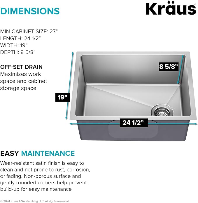 KRAUS Fairlane 25-inch Undermount Single Bowl 18-Gauge Stainless Steel Kitchen Sink, KHU641-25