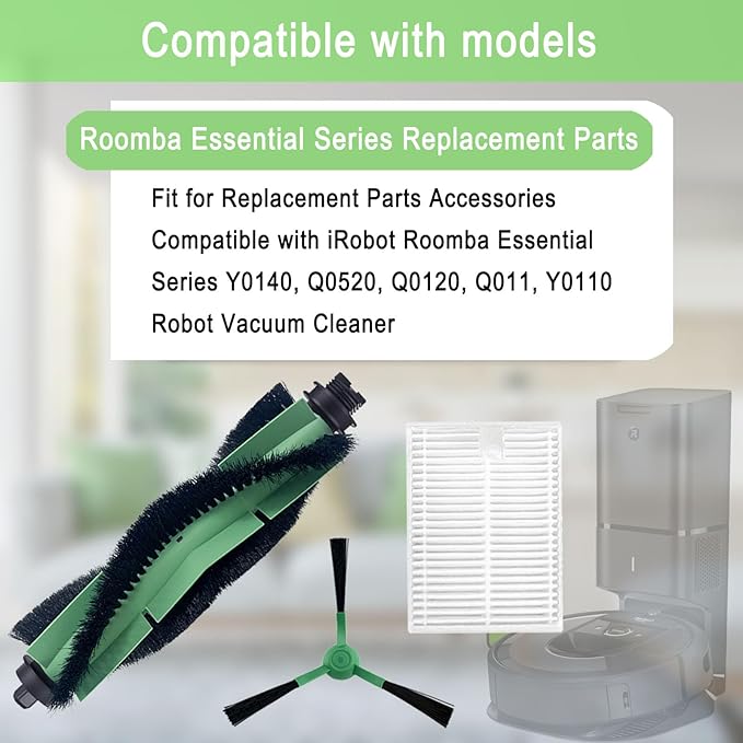 11 Pack Replacement Parts Accessories Compatible with iRobot Roomba Essential Series Y0140, Q0520, Q0120, Q011, Y0110, Robot Vacuum Cleaner, 1 Roller Brush, 4 Hepa Filters, 6 Side Brushes