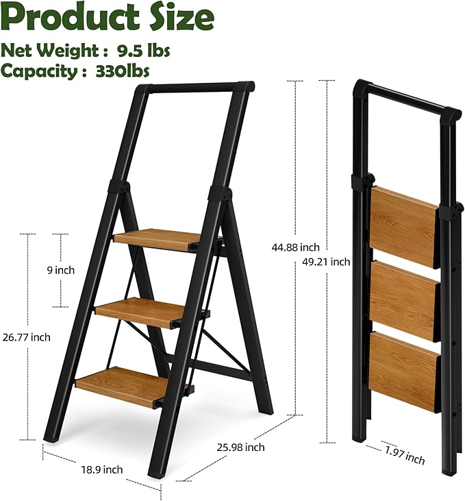 Taranta 3 Step Ladder, Portable Folding Ladder with Wide Pedal, Lightweight Aluminum Step Stool with Convenient Handgrip, 330 lbs Capacity Stepladder for Home, Office - BlackWoodgrain