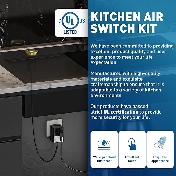 Garbage Disposal Air Switch Kit Sink Top Waste Disposal Long Stainless Steel Black On/Off Air Button Food and Waste Disposals Part, UL Listed