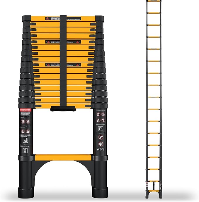 16.5 FT Telescoping Ladder with 11.8" Step Spacing, ANSI Certified, Type I Heavy Duty, 330lbs Max Capacity, Aluminum Extension Ladder for Home, Roof, RV; Yellow
