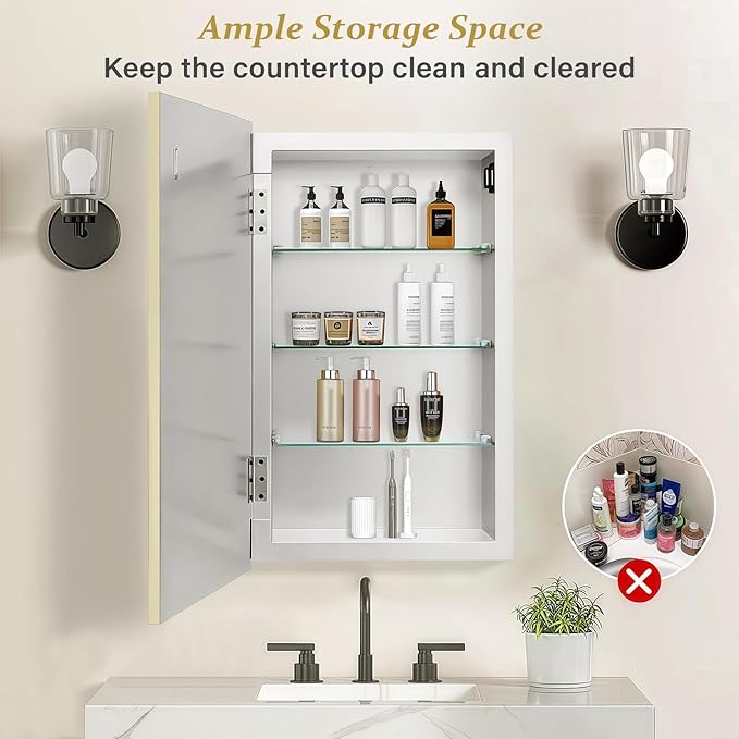 Medicine Cabinet with 16.2"x26" Mirror, Removable Shelves, Recessed or Wall Mounted Bathroom Cabinet, Silver Bathroom Vanity Mirrors for Over Sink with Storage