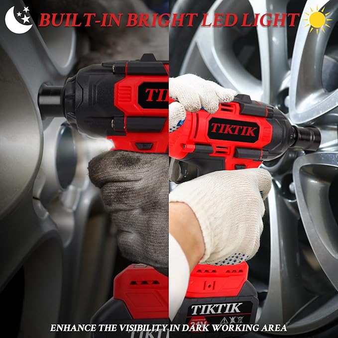 TIKTIK 850Nm Cordless Impact Wrench,1/2" Cordless Impact Gun w/ 2x 4.0Ah Battery,3300RPM Brushless Impact Wrench,640Ft-lbs High Torque Electric Impact Driver Set for Car/DIY Furniture/Lawn Mower