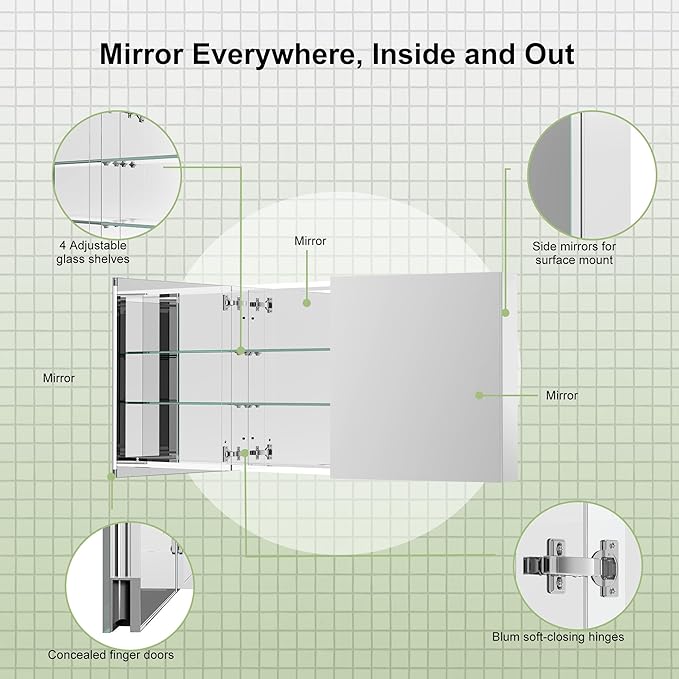 Sunrosa Aluminum Bathroom Medicine Cabinet with Mirror Door, 48" x 27.5", 2-Door Wall-Mounted & Recessed Bathroom Medicine Cabinet Organizer