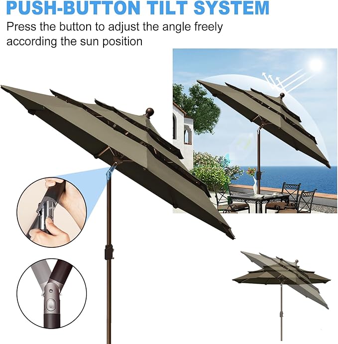 Eurmax USA 10-Year-Non-Fading 10Ft 3 Tiers Market Umbrella Outdoor Patio Umbrella Table Umbrella with 8 Ribs,Hand Crank and Ventilation (Taupe)