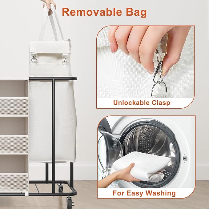 WOWLIVE Laundry Sorter 2 Section 200L Rolling Laundry Hamper with Hanging and Removable Bags Laundry Cart with Steel Frame and Storage Unit Large Basket Organizer for Dorm Room, Bathroom (Beige)