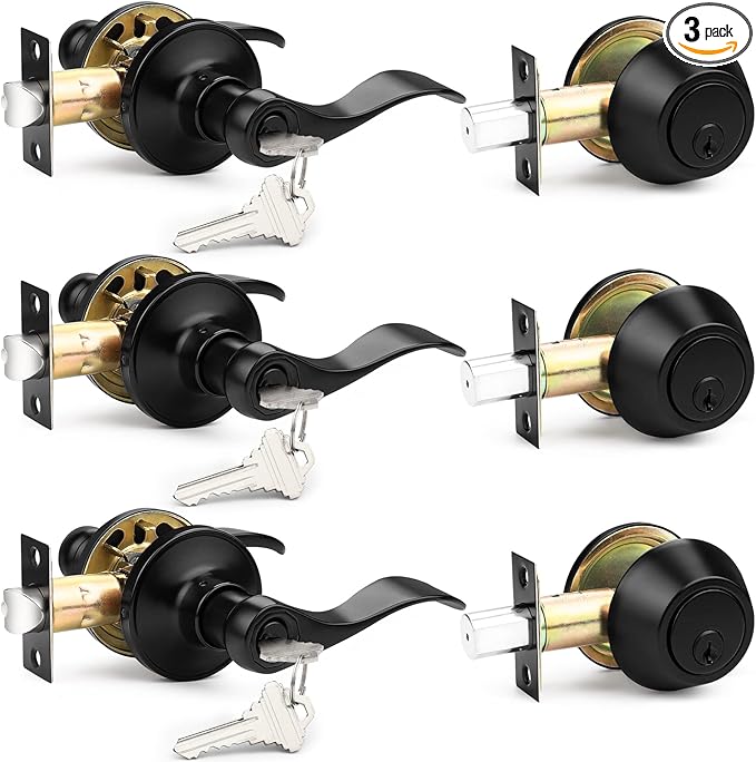 Probrico Front Door Handle and Single Cylinder Deadbolt Set, Black Exterior Door Handle with Deadbolt Lockset,Wave Reversible Door Lever Locks with Deadbolt Set, Keyed Alike 3Pack