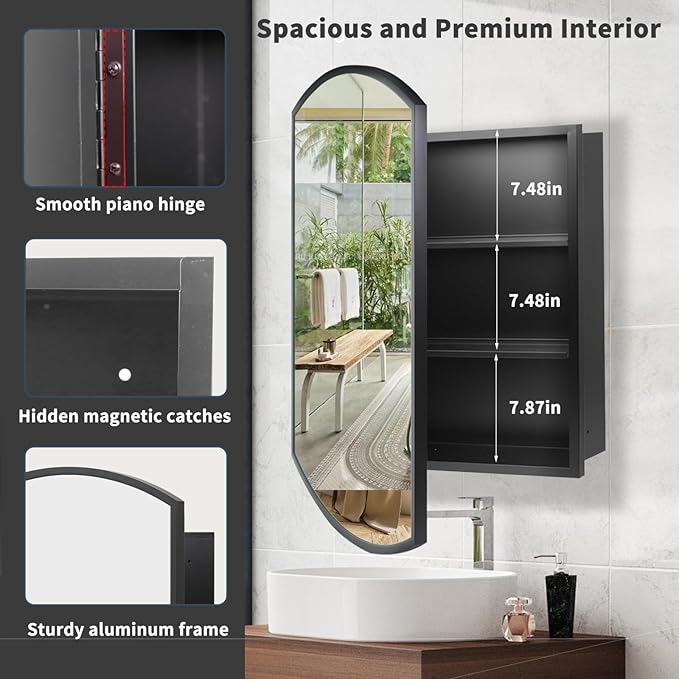 Movo 20 Inch x 31 Inch Black Beveled Arched Aluminum Medicine Cabinet with Mirror, Bathroom Mirror with Storage, Surface Mount or Recess Installation