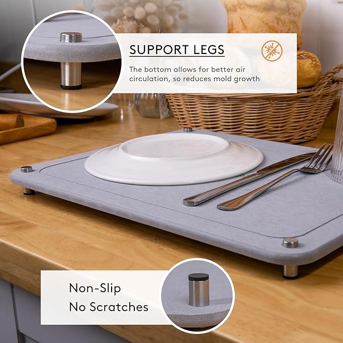 Stone Drying Mat for Kitchen Counter 15.7" x 11.8" Light Gray, Quick Dry Stone Dish Drying Mat with Legs, Drying Stone for Kitchen Counter Fits Various Dish Racks, Zero Rust Dish Drying Stone