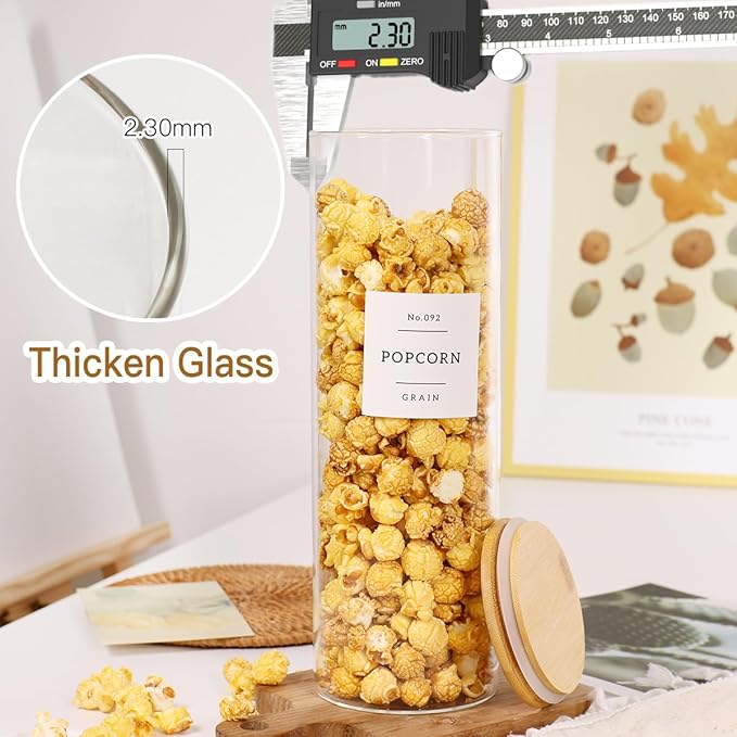 3 Pack Glass Jar with Airtight Bamboo Lid and White 132 Kichen Pantry Labels Preprinted - 70 Oz Clear Tall Glass Food Storage Containers set For Noodles Pasta Spaghetti