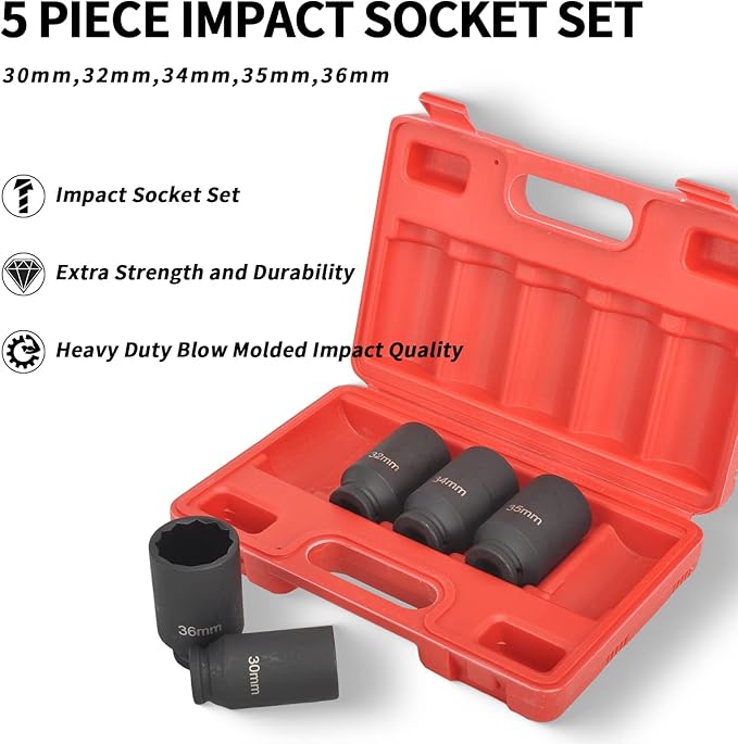5Pcs 1/2" Drive Deep Impact Socket Set 12 Point Metric 30mm 32mm 34mm 35mm 36mm Drive Spindle Axle Hub Nut Socket Set,Heavy Duty w/Portable Storage Case,Use In Removing And Installing Axle Nuts
