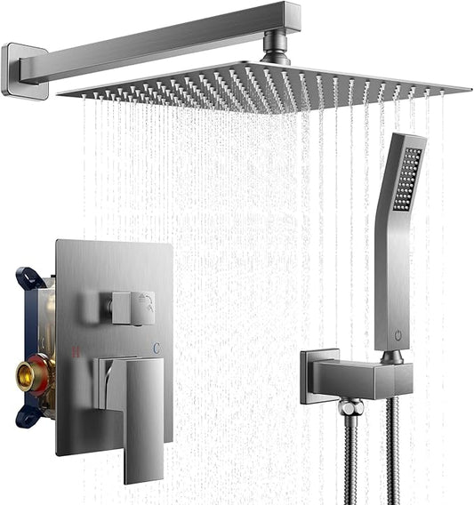 FORIOUS Rain Shower Head System, 10 Inch Shower Faucet Set with with handheld combo, Solid Brass Pressure Balanced Valve and Trim Kit Fixtures, Wall Mounted, Brushed Nickel (Stainless Steel, 12 inch)