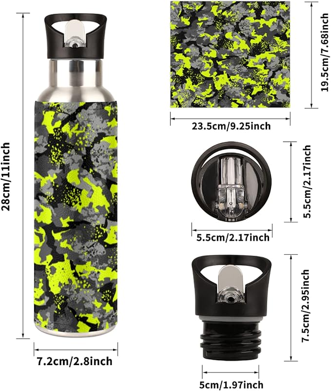Fluorescence Camo Stainless Steel Sports Water Bottle with Straw, 32 oz Vacuum Insulated Cup, Keeps Hot Cold Canteen Water Bottles For Cycling Travel Hiking