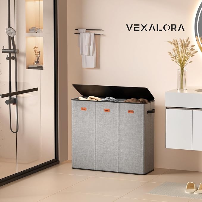 185L Laundry Hamper 3 Section, Laundry Hamper with Lid, Dirty Clothes Hamper with 3 Removable Washing Bags, Extra Large Laundry Basket Organizer for Bedroom, Laundry Room, Dorm - Gray