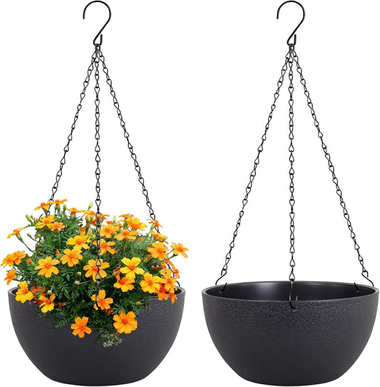 10 inch Hanging Planters for Indoor Outdoor Plants, 2 Pack Hanging Flower Pots with Drainage Holes and Chain for Garden Porch Plants, Round Plastic Hanging Baskets for House Plants, Black